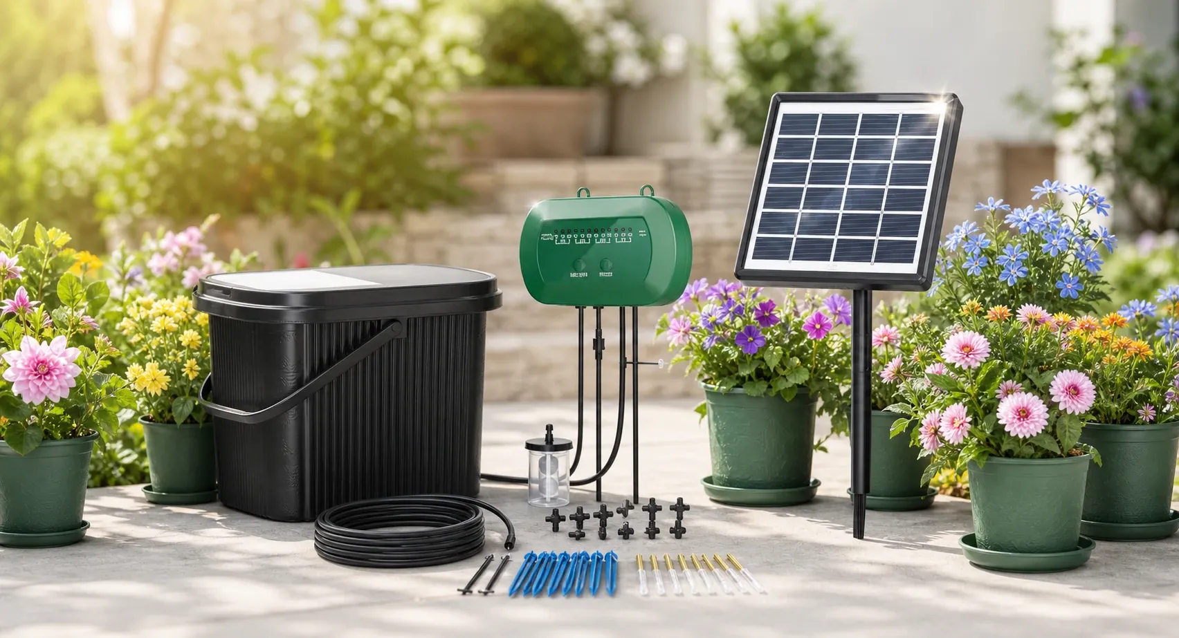 Eco-friendly off-grid solar watering kit displayed in a sunny patio garden, with a black water tank, green control unit, solar panel, tubing, drip emitters and potted flowers around it.