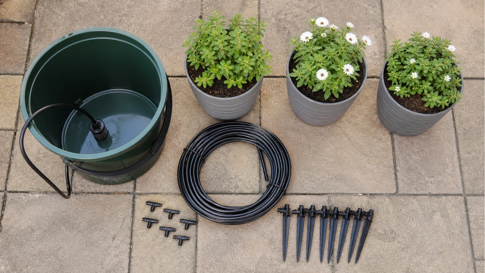 Bucket reservoir and drip irrigation parts laid out for a UK patio pot setup