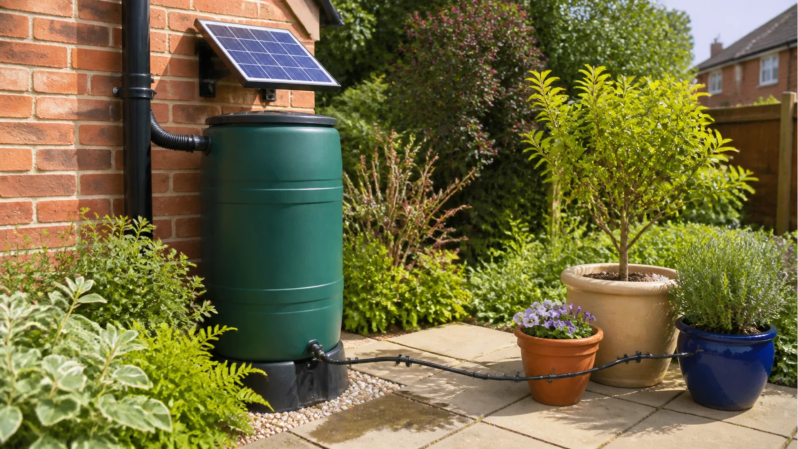 Rainwater butt feeding an automatic drip watering kit for UK patio pots