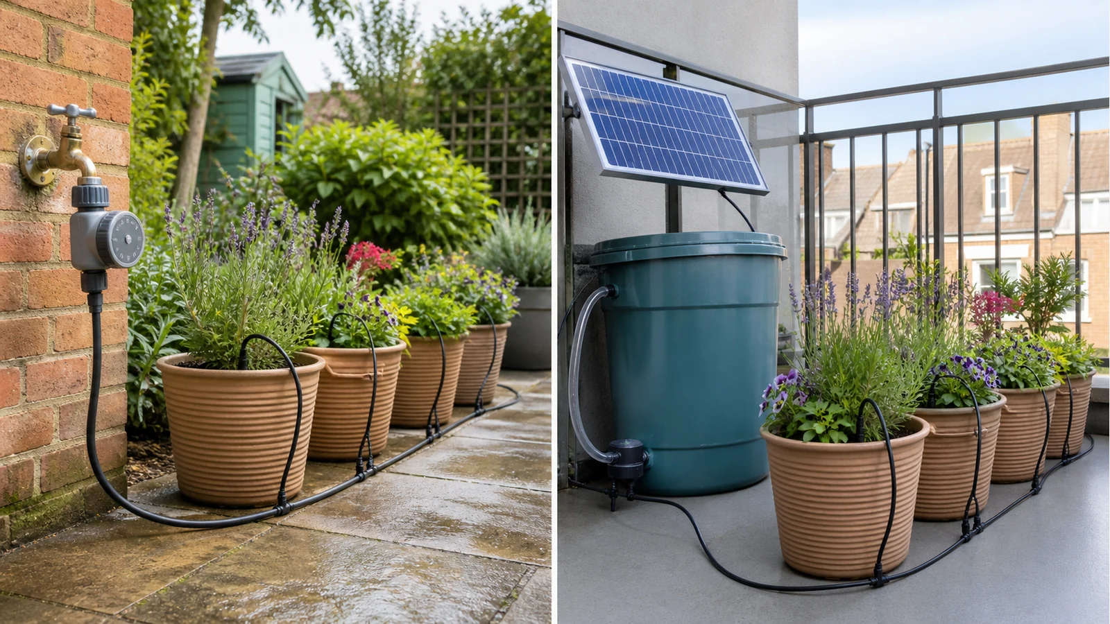 Side-by-side comparison of hose-timer drip watering and solar bucket-fed drip watering