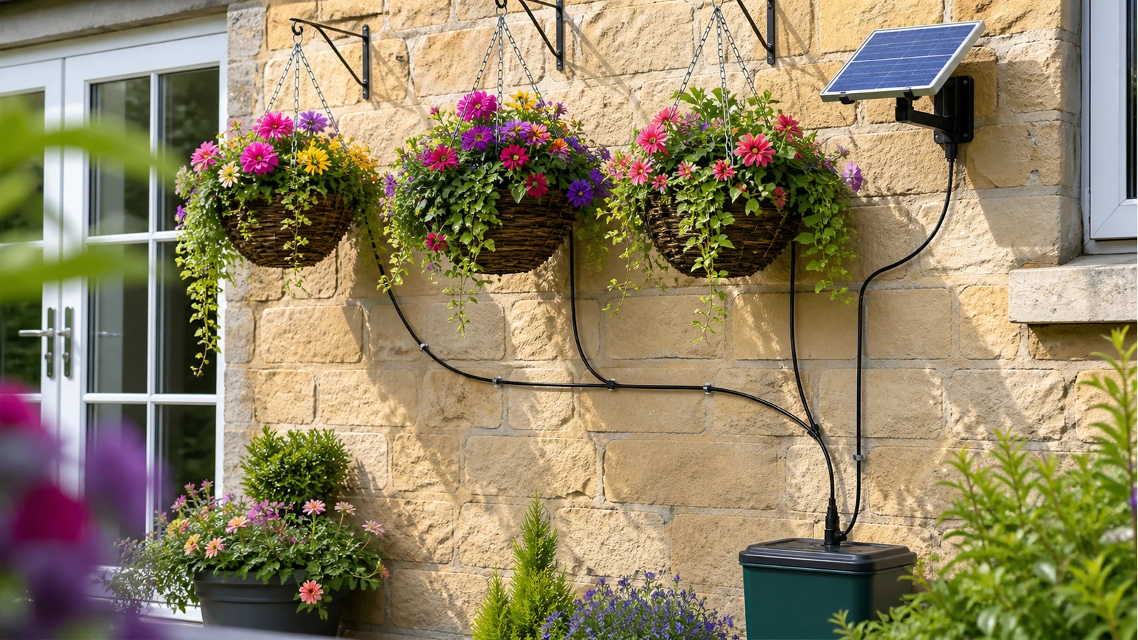 Hanging baskets on a UK terrace with solar-fed drip tubing to each basket