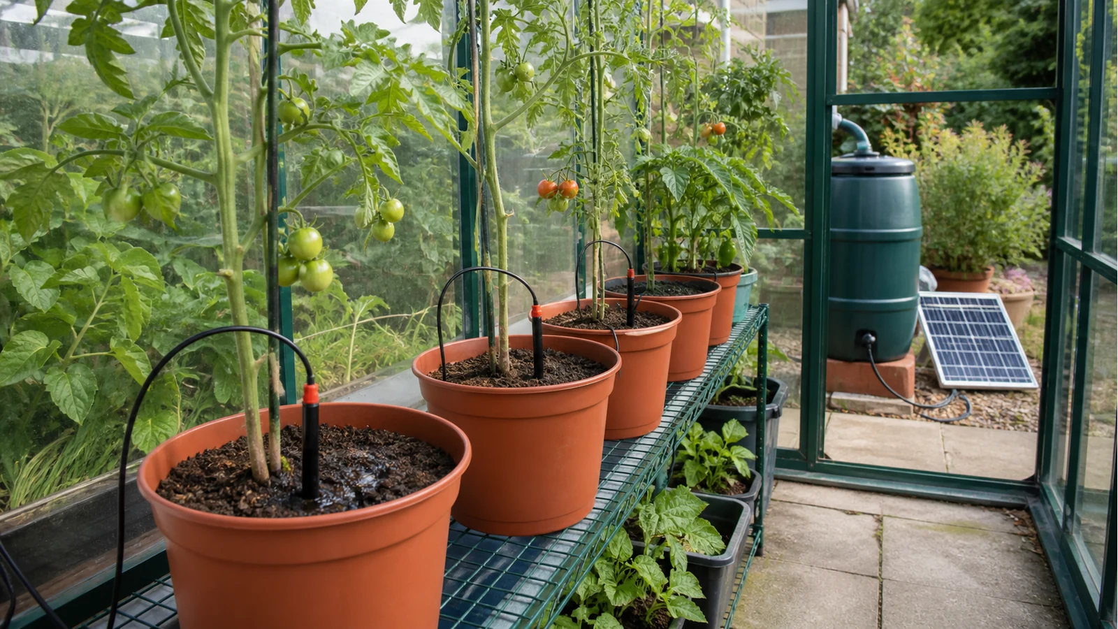 UK greenhouse tomato pots on a solar-fed drip line from an outdoor water butt