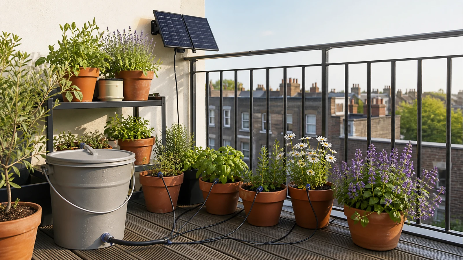 Balcony pots watered from a bucket reservoir with solar drip tubing and no outdoor tap